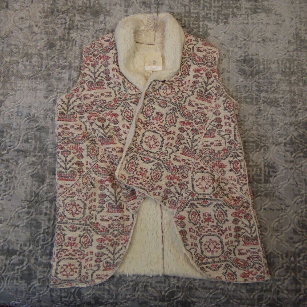 Anthropologie Hei Hei Vest Women's Large Cream Open Faux Fur Aztec Print